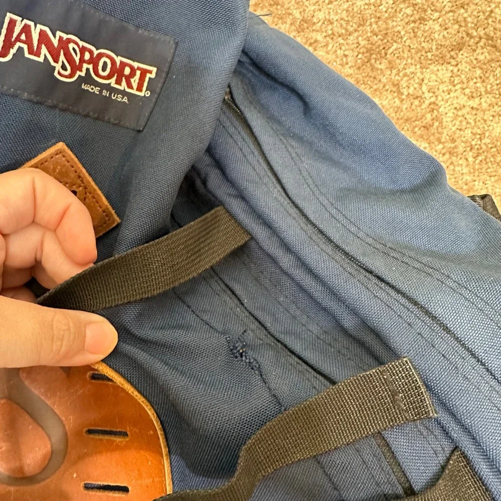 Vintage JanSport Backpack Navy Blue Leather Bottom Made in USA JS Logo Gorpcore